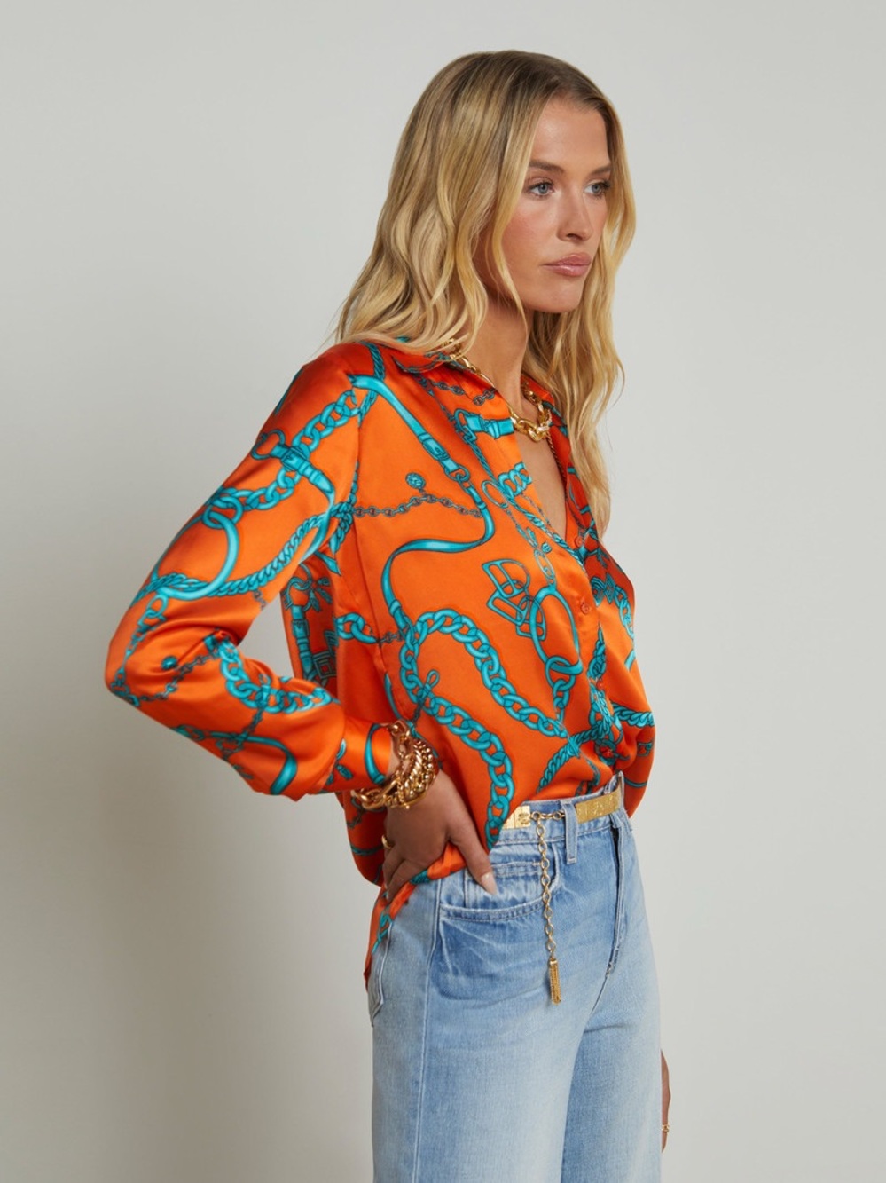 NWT L'Agence Buckle Chain Tyler Silk Blouse In Orangeteal Buckle Chain - Picture 2 of 7